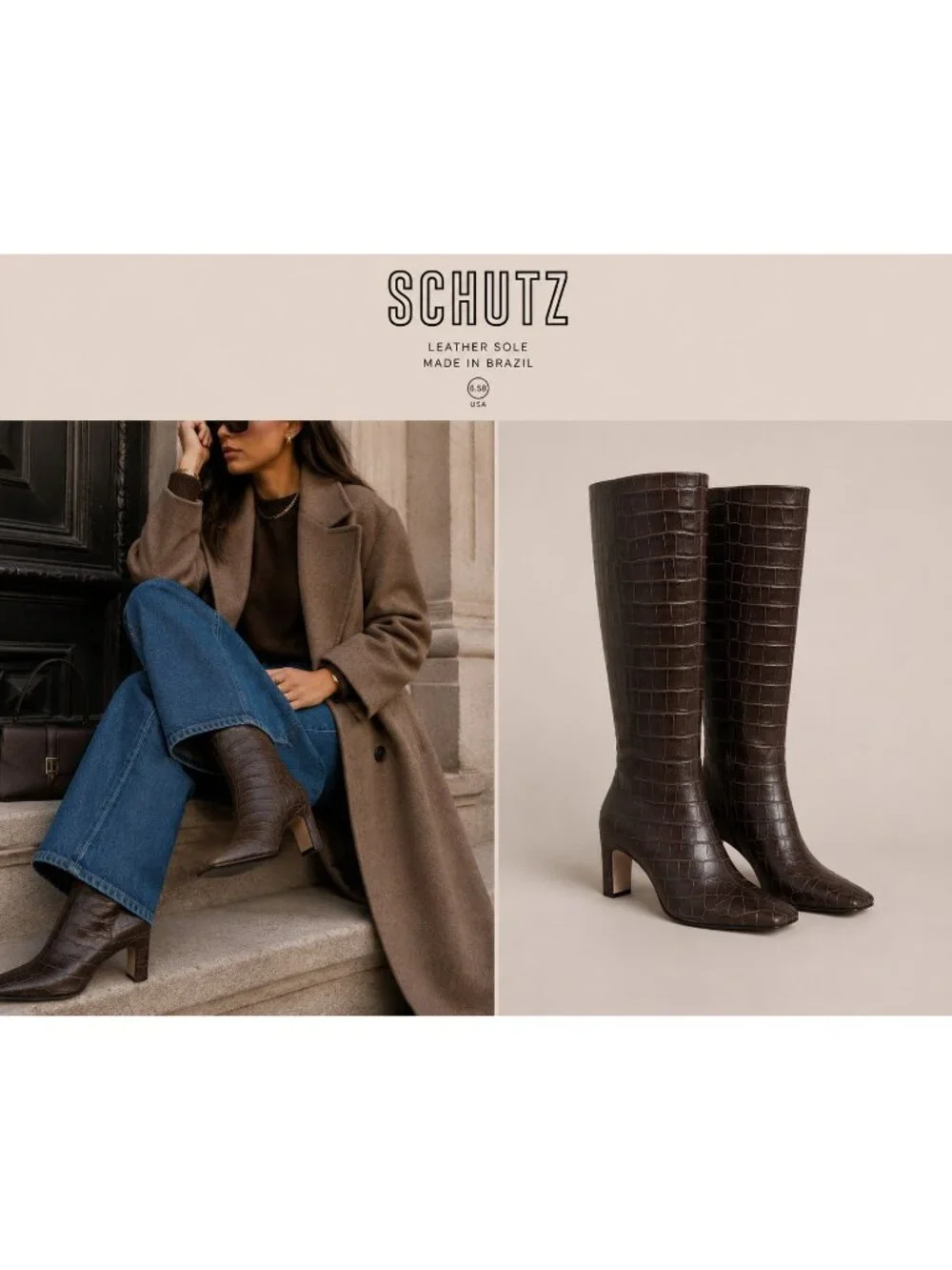 SCHUTZ Brown Croc Embossed Leather Knee High Boots Square Toe 6.5B Brazil